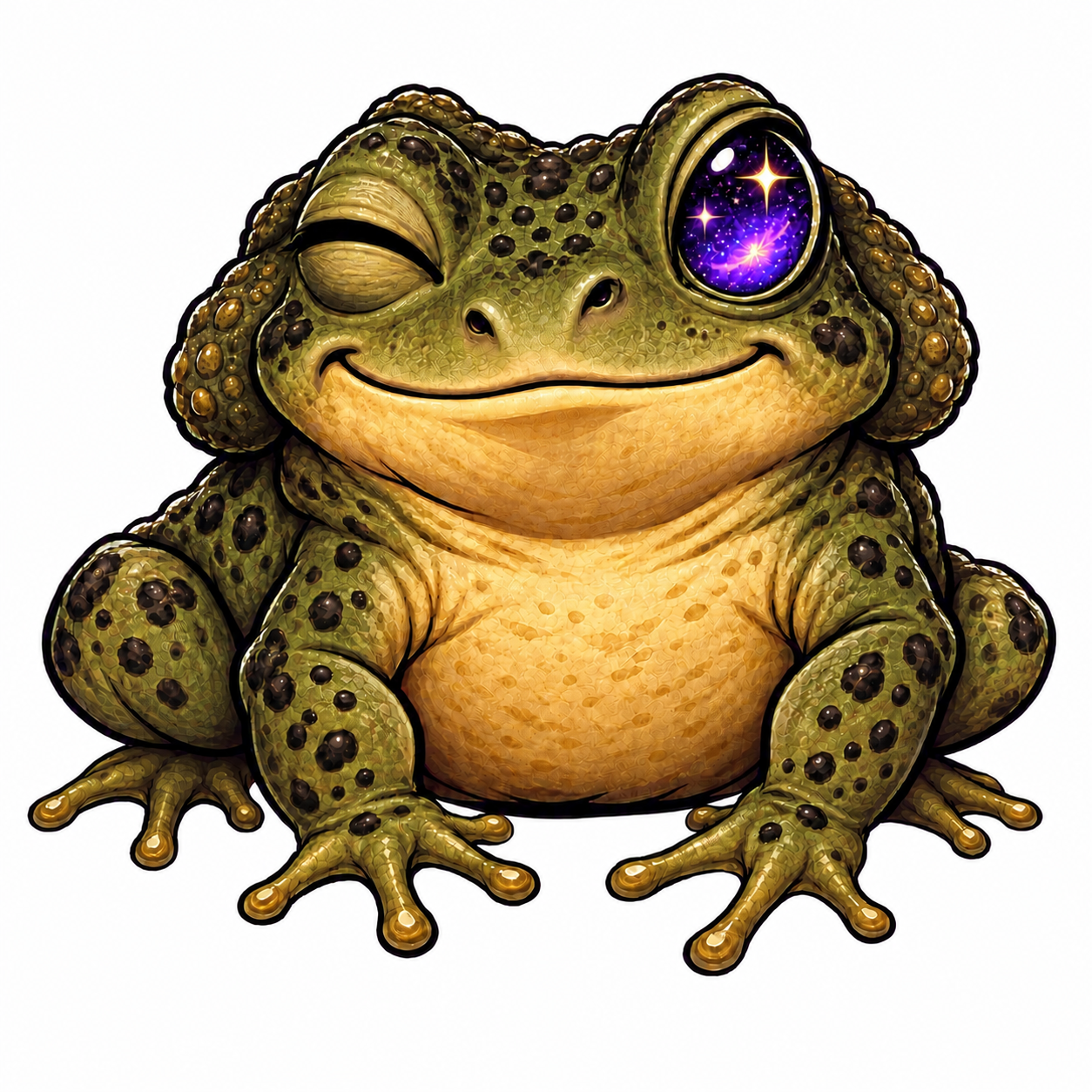 BUFO, an olive-green and golden winking toad with a purple galaxy eye.